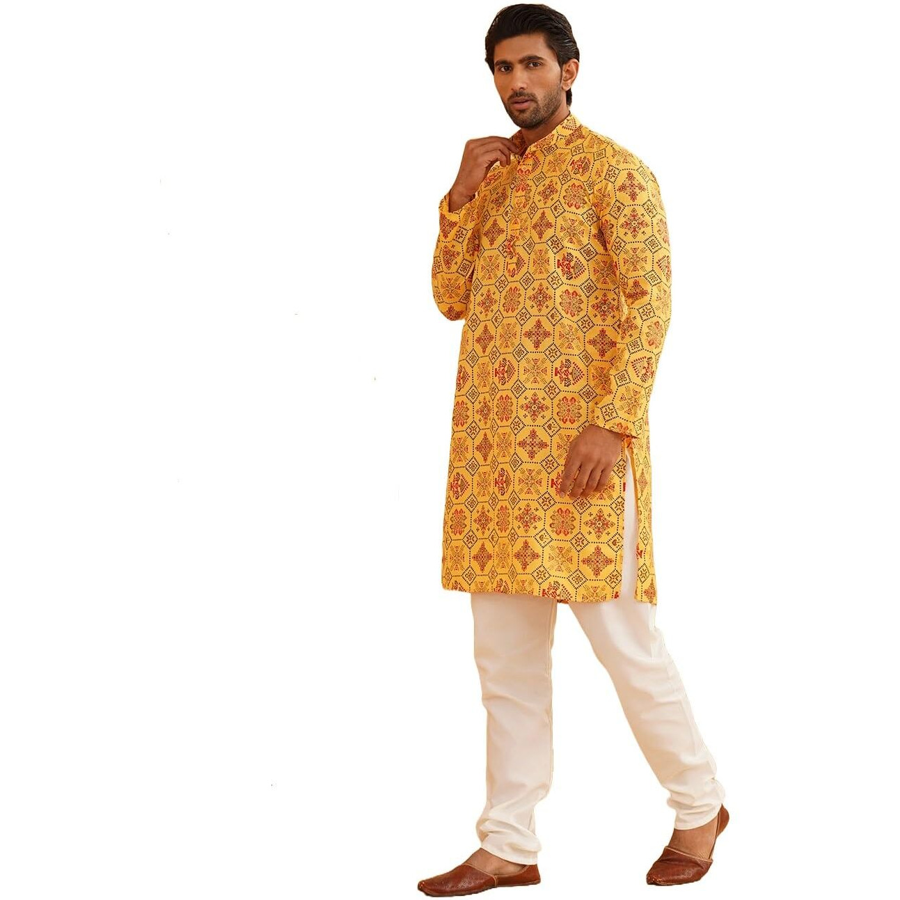 Sojanya (Since 1958 Men's Cotton Linen Yellow & Multi Print Kurta & White Churidar Pyjama Set
