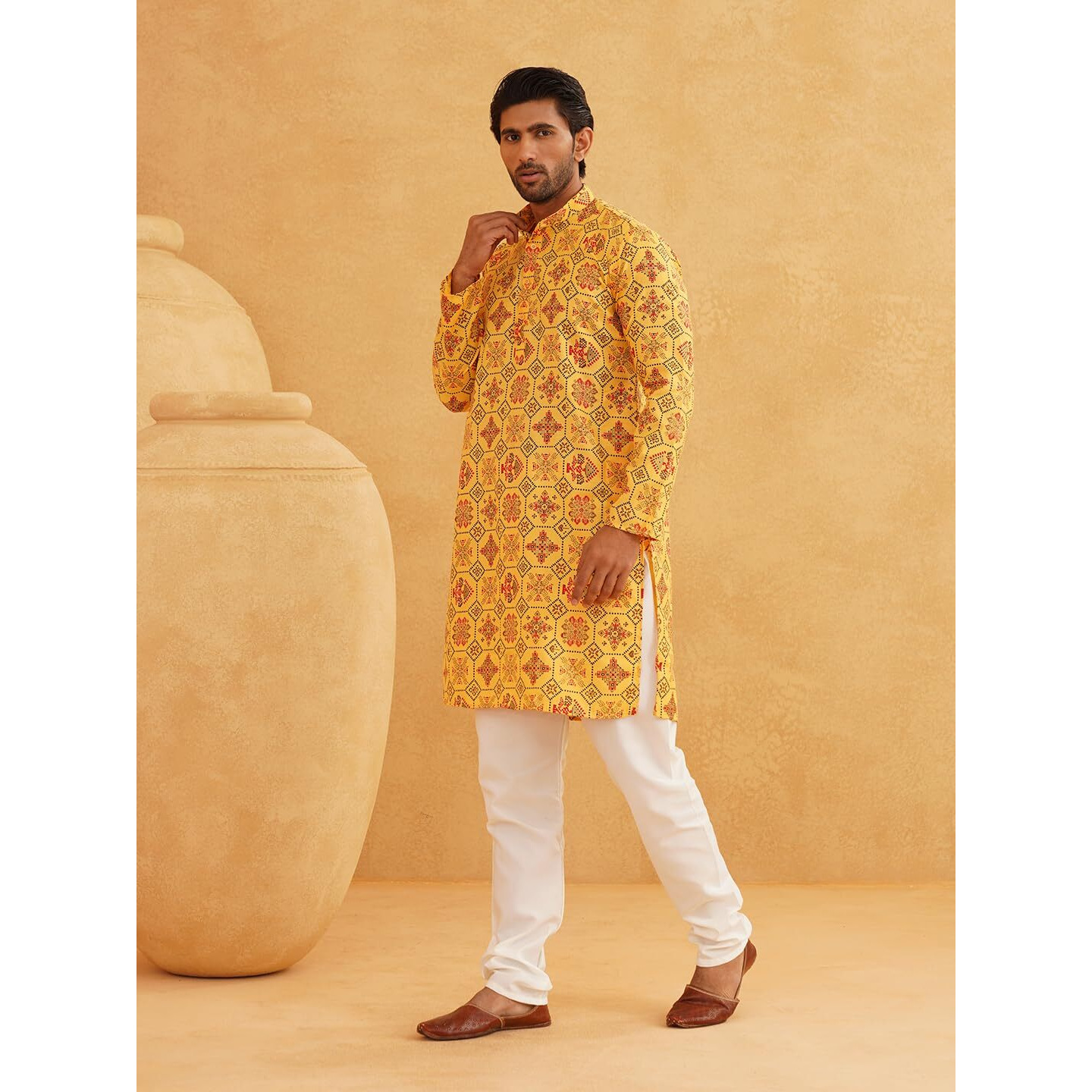 Sojanya (Since 1958 Men's Cotton Linen Yellow & Multi Print Kurta & White Churidar Pyjama Set