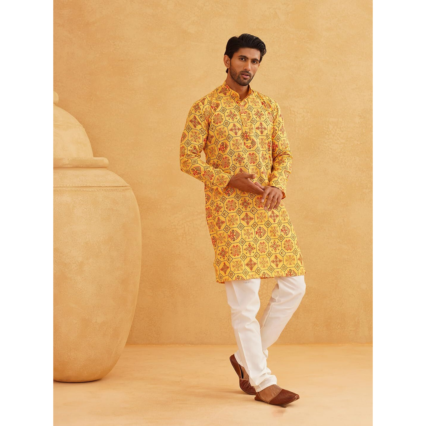 Sojanya (Since 1958 Men's Cotton Linen Yellow & Multi Print Kurta & White Churidar Pyjama Set