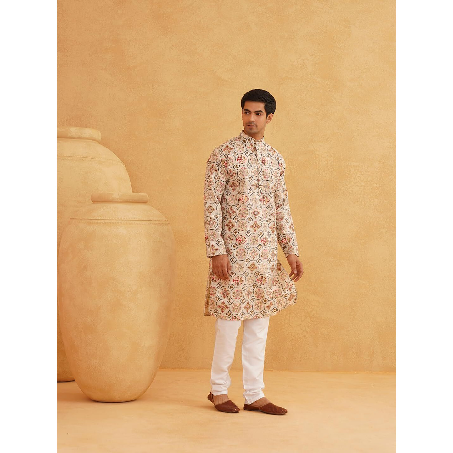 Sojanya (Since 1958 Men's Cotton Linen Cream & Multi Print Kurta & White Churidar Pyjama Set