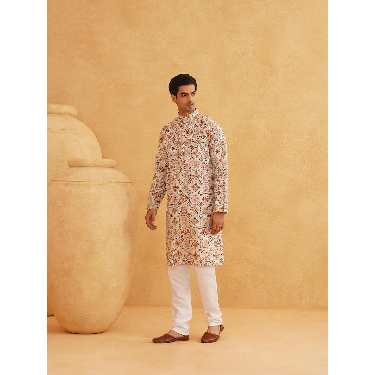 Sojanya (Since 1958 Men's Cotton Linen Cream & Multi Print Kurta & White Churidar Pyjama Set