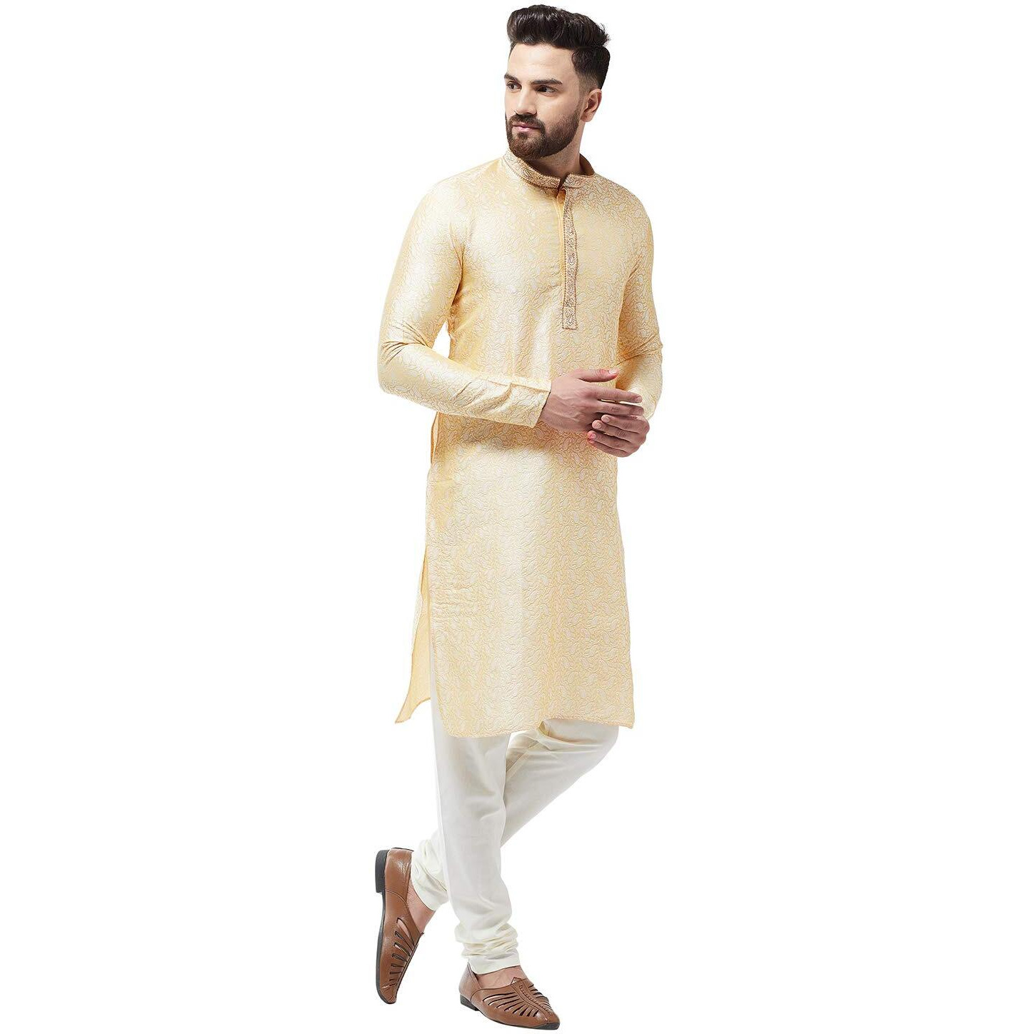 Sojanya (Since 1958, Men's Silk Blend Gold Self Design Only Long Kurta, Size 40