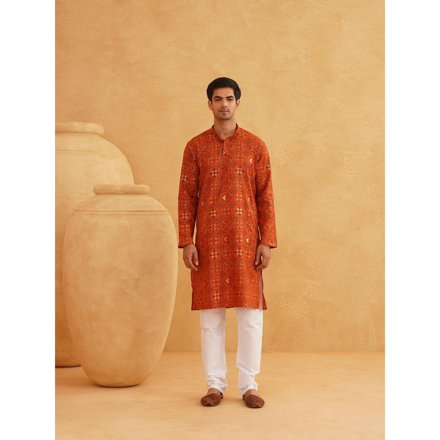 Sojanya (Since 1958 Men's Cotton Linen Orange & Multi Print Kurta & White Churidar Pyjama Set