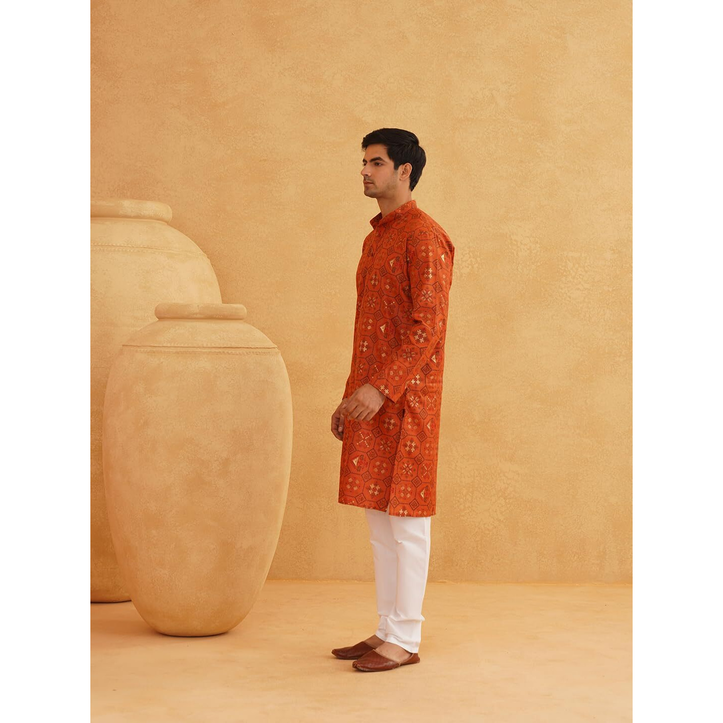 Sojanya (Since 1958 Men's Cotton Linen Orange & Multi Print Kurta & White Churidar Pyjama Set