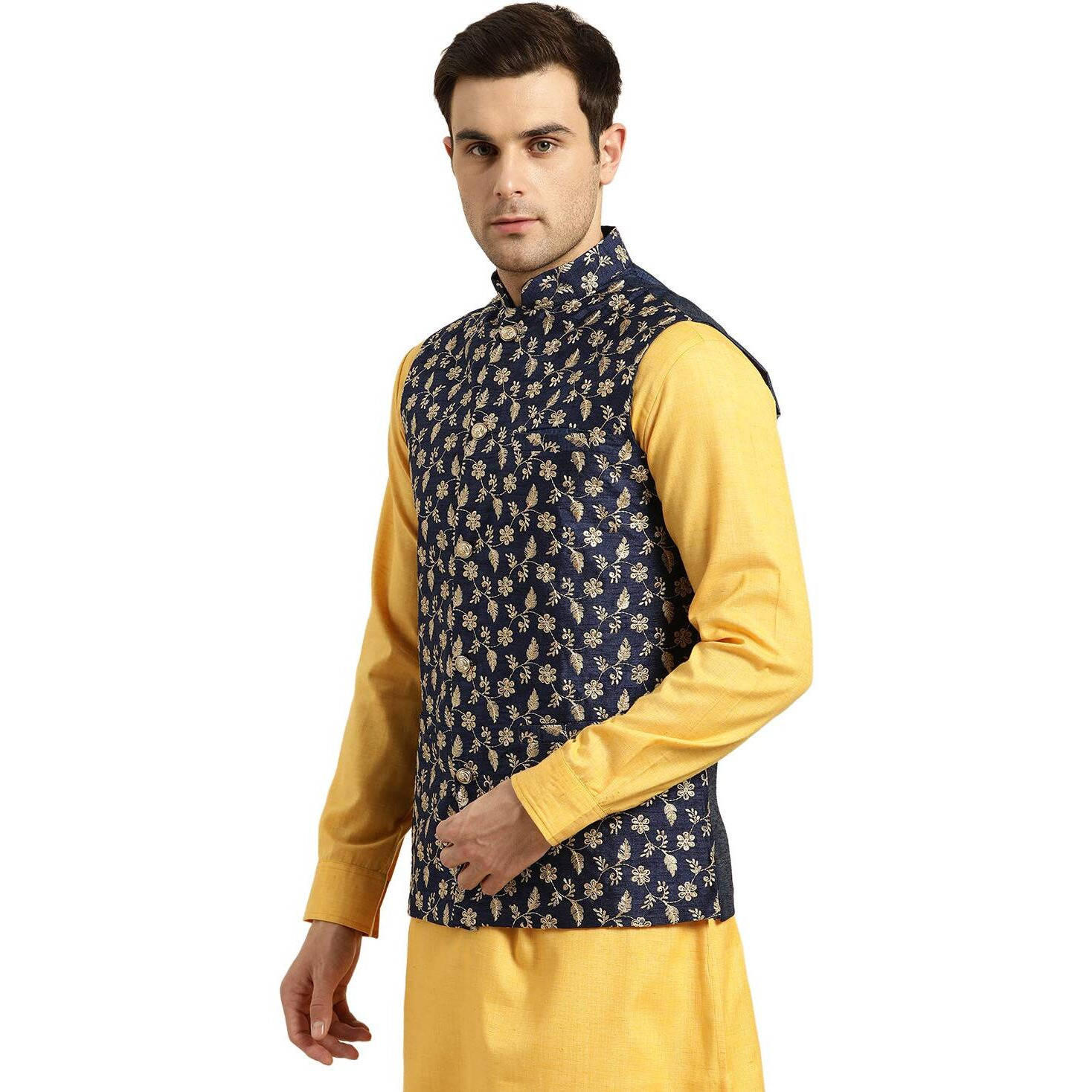 Sojanya (Since 1958, Mens Silk Blend, Navy Blue & Gold Embroidered Nehru Jacket, Size 44