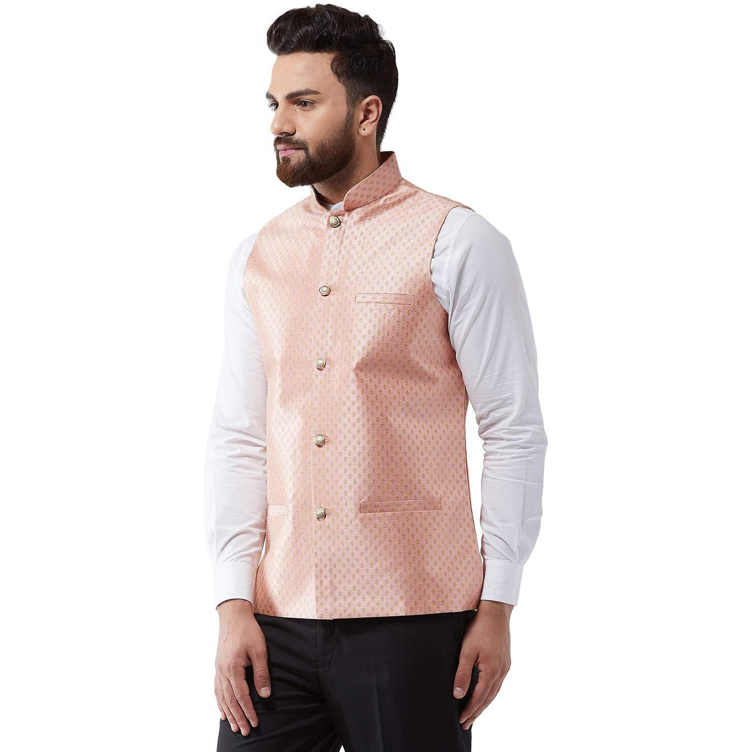 Sojanya (Since 1958, Mens Silk Blend, Peach & Gold Embroidered Nehru Jacket, Size 42