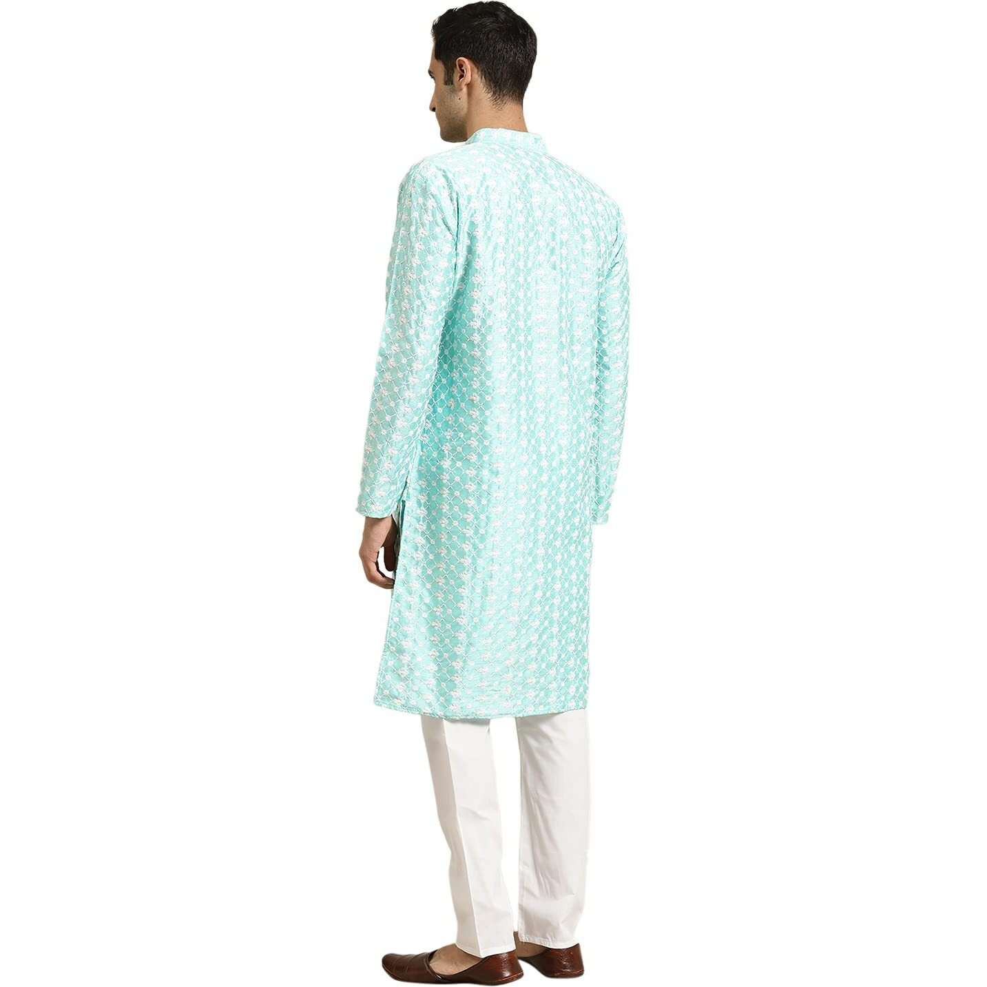 Sojanya (Since 1958, Men's Silk Blend Blue Embroidered Only Kurta, Size 38