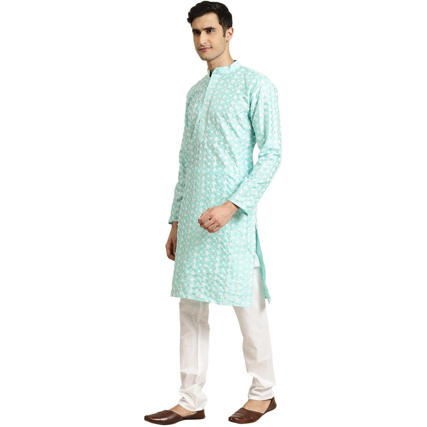 Sojanya (Since 1958, Men's Silk Blend Blue Embroidered Only Kurta, Size 38