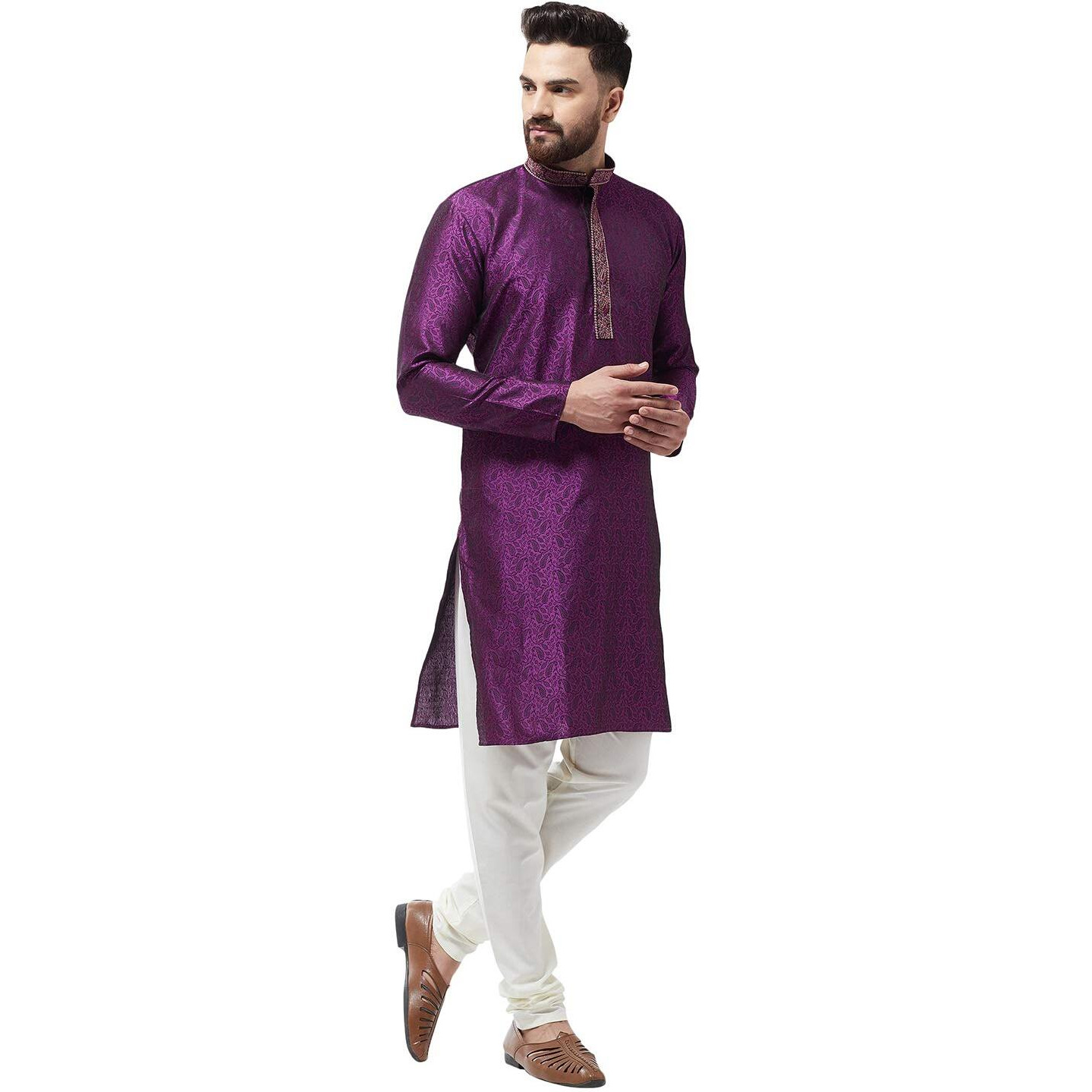 Sojanya (Since 1958, Men's Silk Blend Purple Self Design Only Long Kurta, Size 44