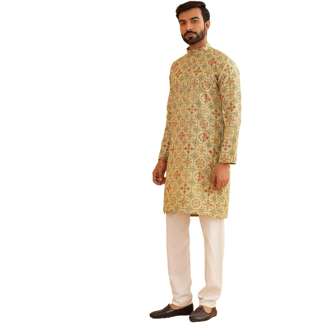 Sojanya (Since 1958 Men's Cotton Linen Pista Green & Multi Print Kurta & White Churidar Pyjama Set