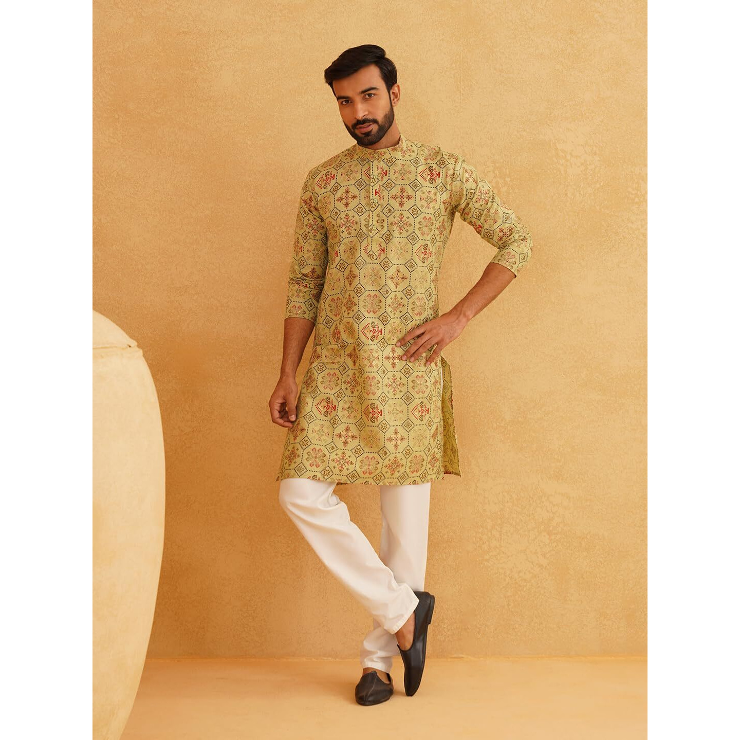 Sojanya (Since 1958 Men's Cotton Linen Pista Green & Multi Print Kurta & White Churidar Pyjama Set