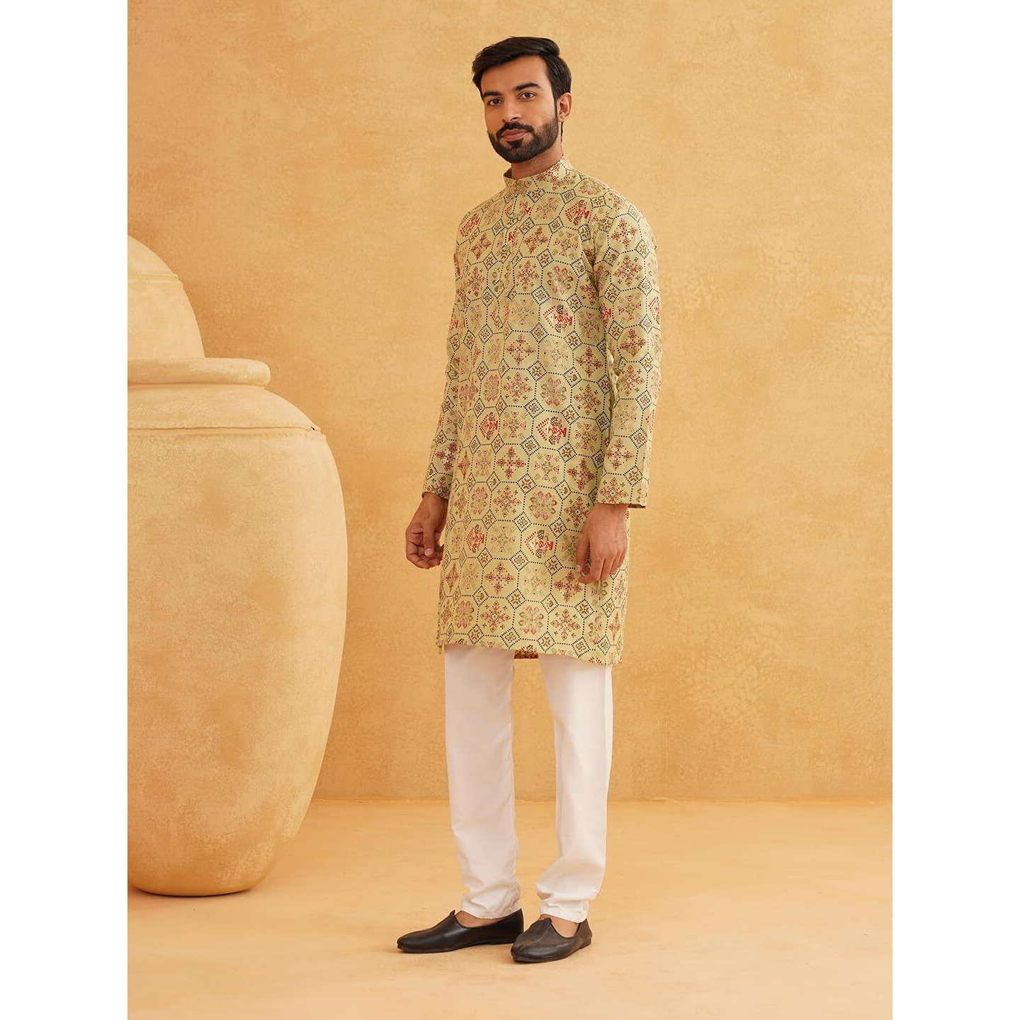 Sojanya (Since 1958 Men's Cotton Linen Pista Green & Multi Print Kurta & White Churidar Pyjama Set