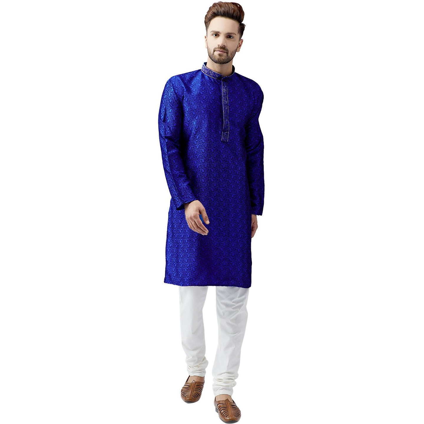 Sojanya (Since 1958, Men's Blue Silk Blend Kurta Churidar Pyjama Set, Size M