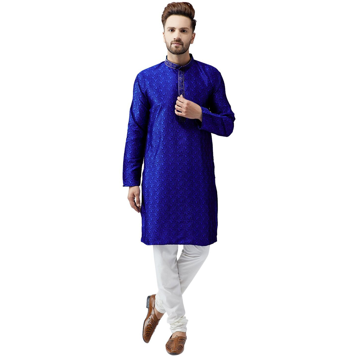 Sojanya (Since 1958, Men's Blue Silk Blend Kurta Churidar Pyjama Set, Size M