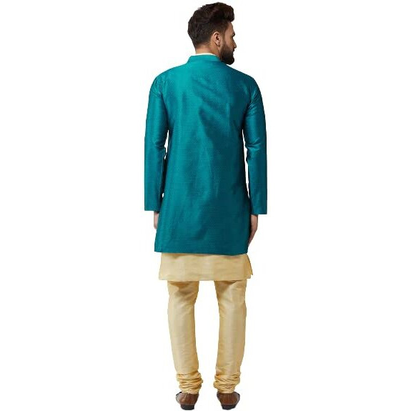 Sojanya (Since 1958, Men's Silk Blend Gold Kurta Churidaar Pyjama & Peacock Blue Jacket Combo, Size 42