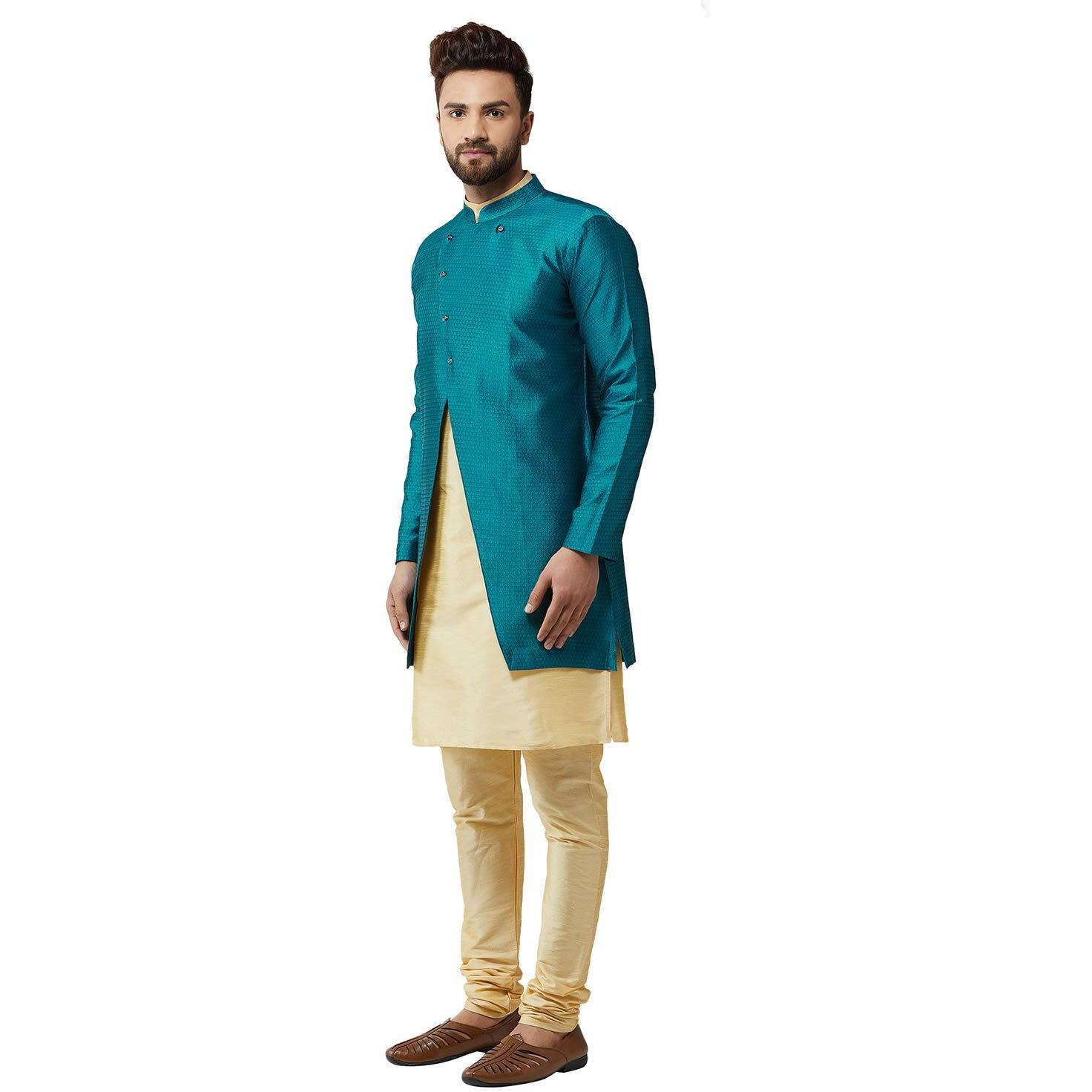 Sojanya (Since 1958, Men's Silk Blend Gold Kurta Churidaar Pyjama & Peacock Blue Jacket Combo, Size 42