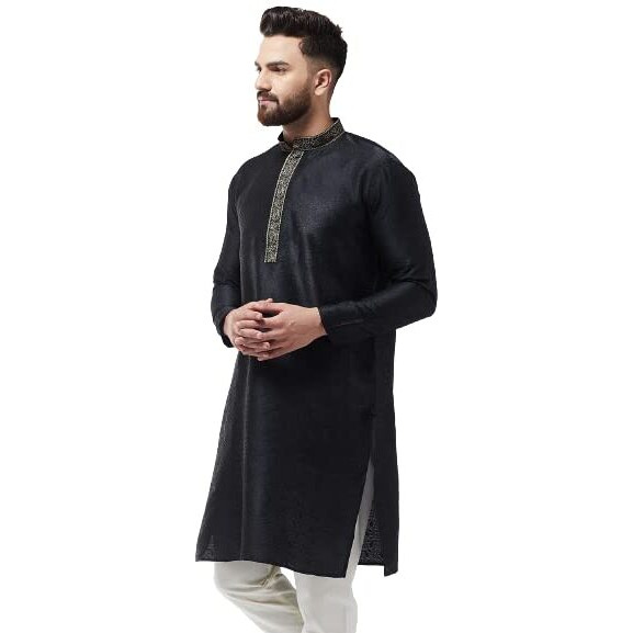 Sojanya (Since 1958, Men's Silk Blend Black Self Design Only Long Kurta, Size 40