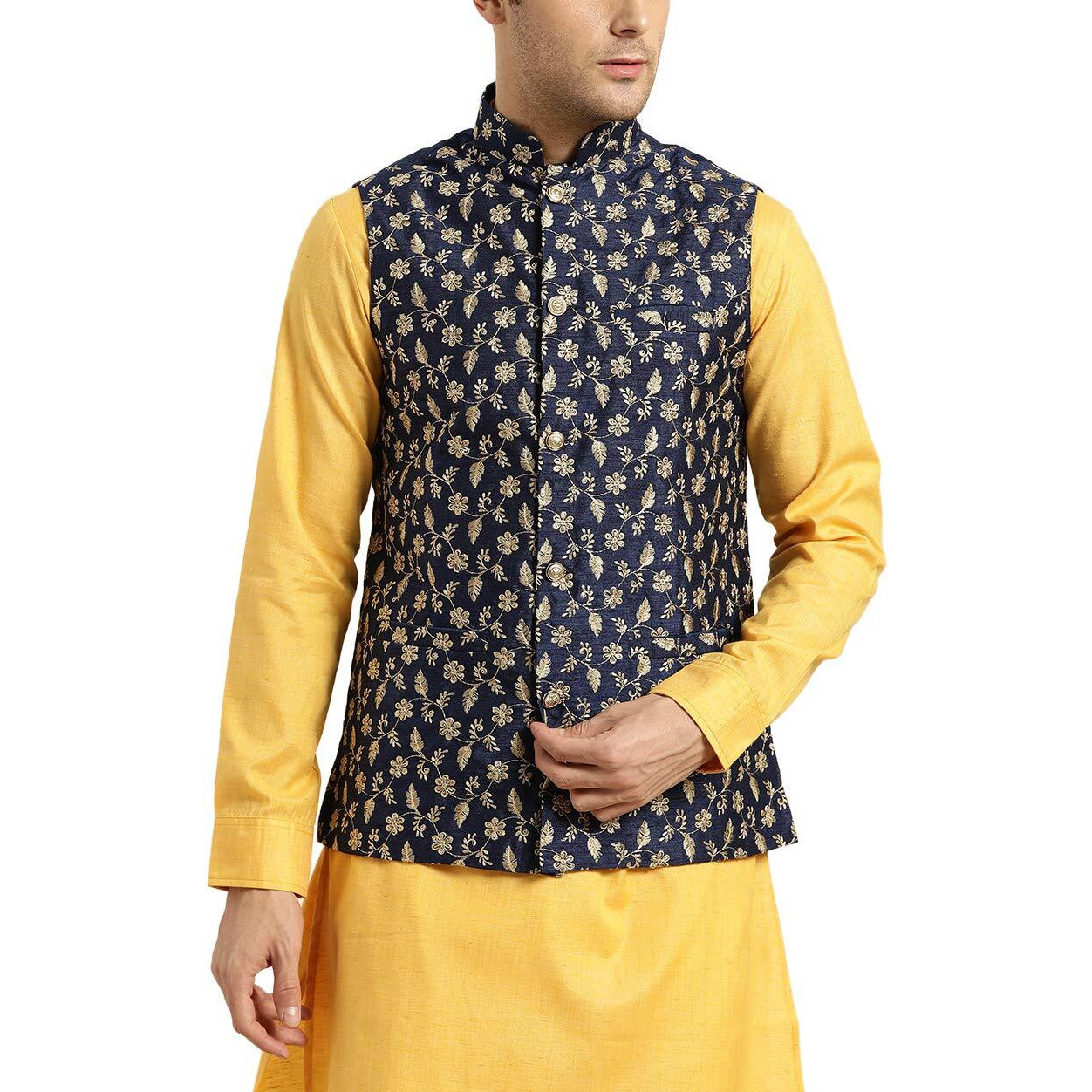 Sojanya (Since 1958, Mens Silk Blend, Navy Blue & Gold Embroidered Nehru Jacket, Size 40