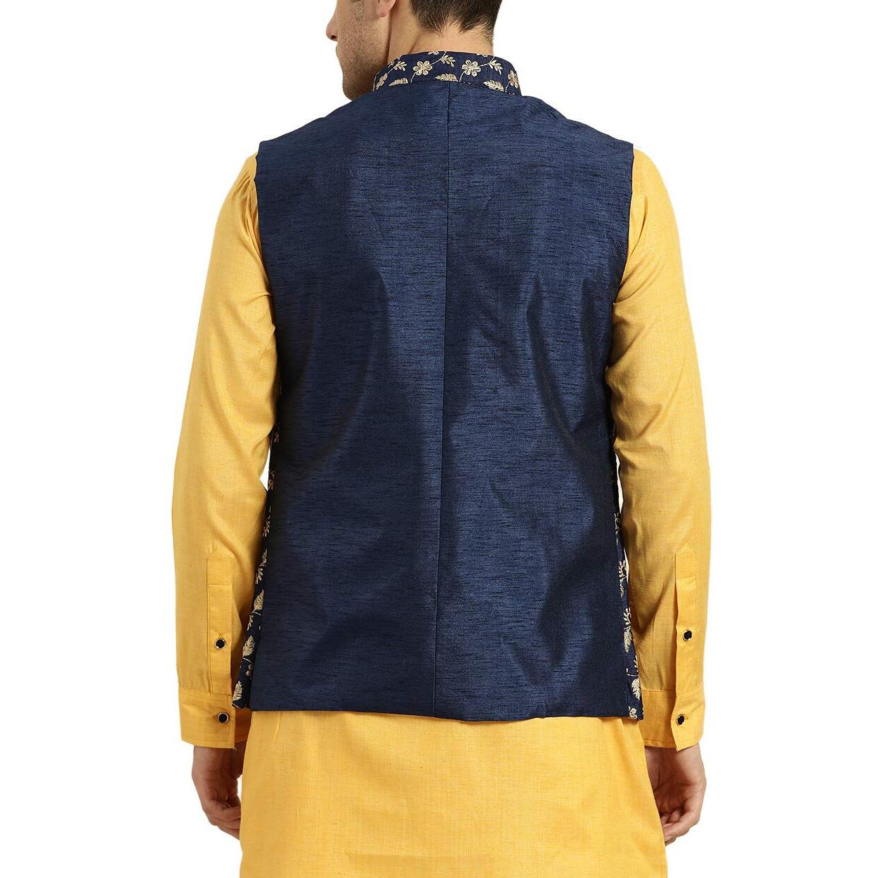 Sojanya (Since 1958, Mens Silk Blend, Navy Blue & Gold Embroidered Nehru Jacket, Size 40