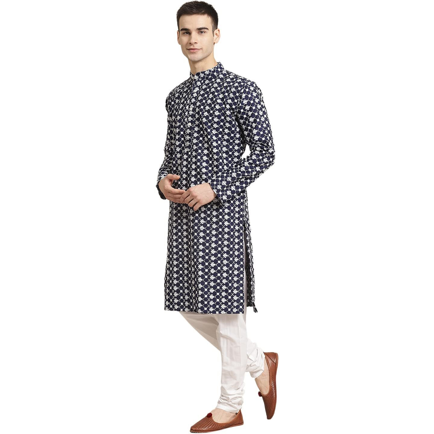 Sojanya (Since 1958, Men's Silk Blend Navy Blue Embroidered Only Kurta, Size 42