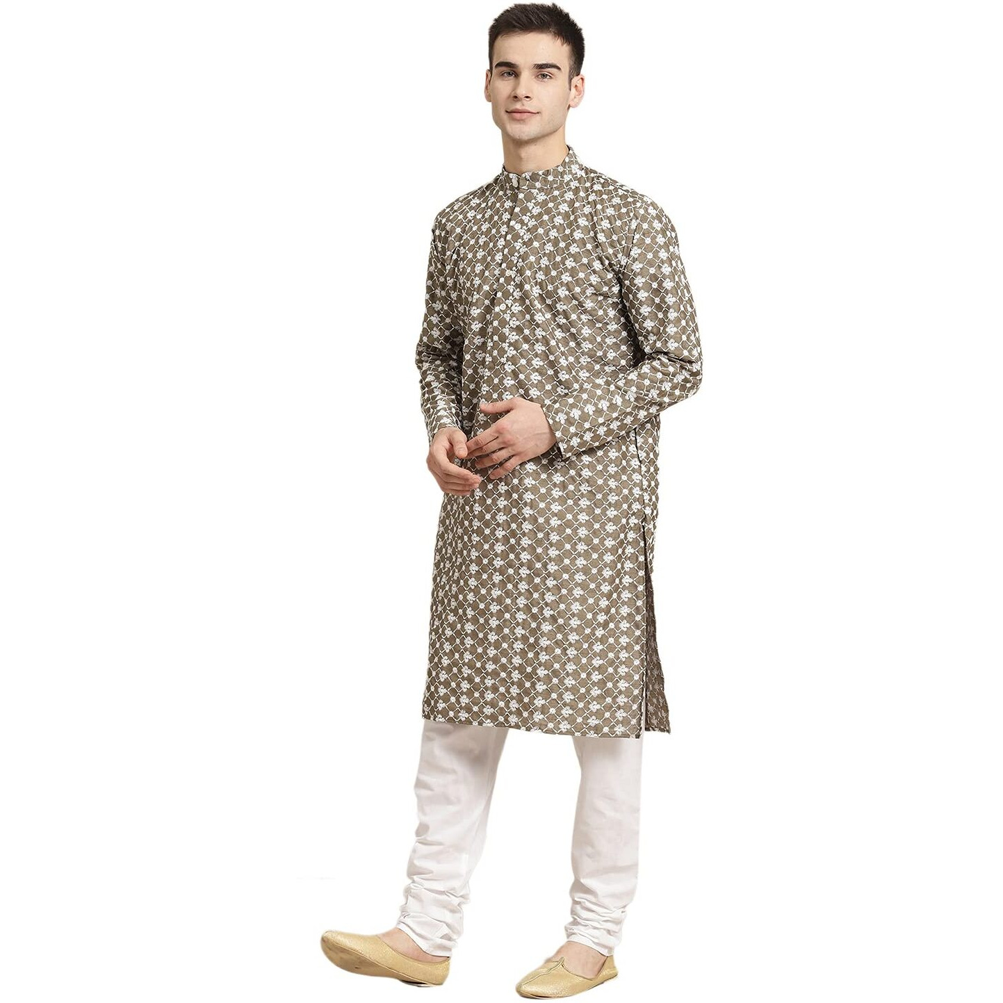 Sojanya (Since 1958, Men's Silk Blend Olive Embroidered Only Kurta, Size 36