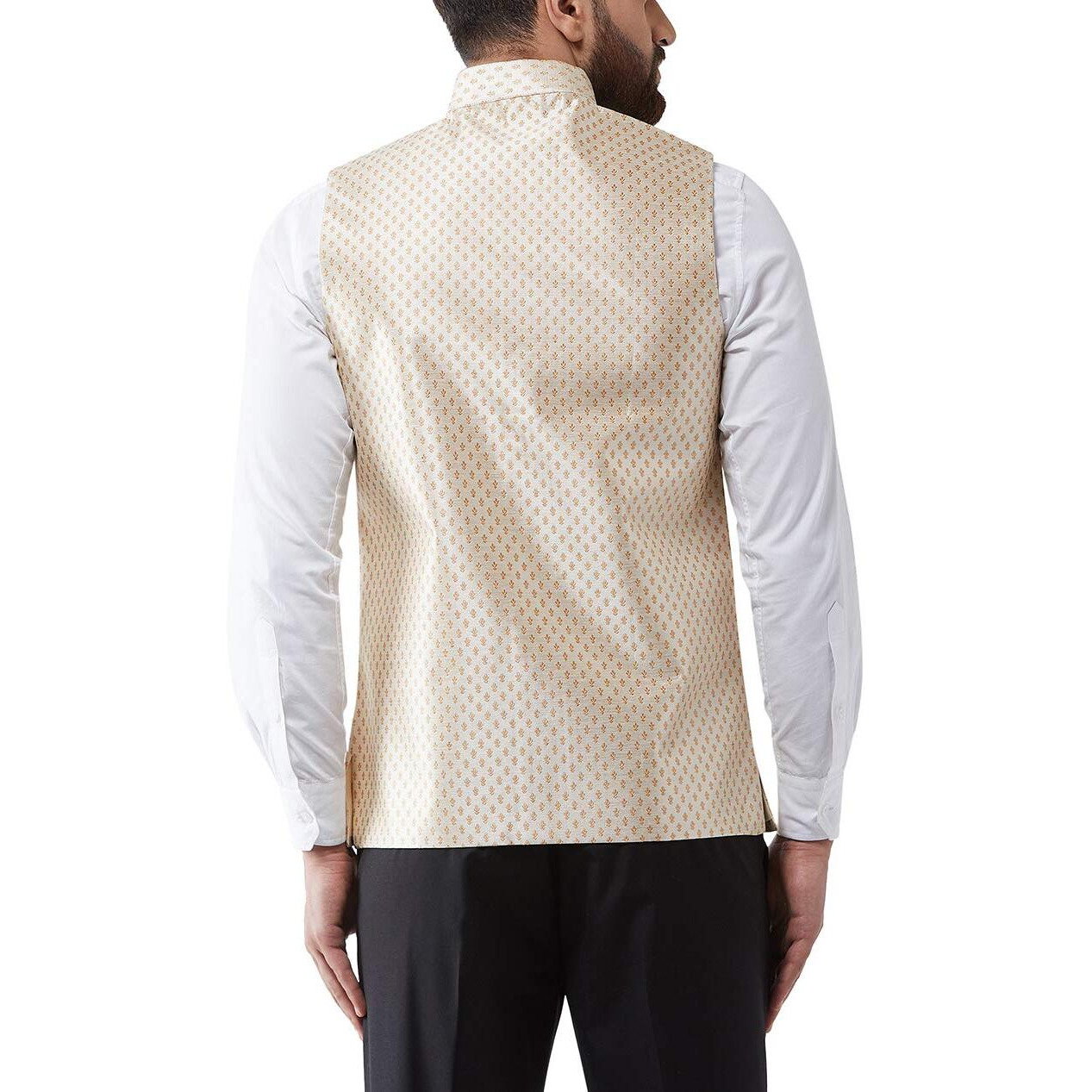 Sojanya (Since 1958 Men's Silk Blend Beige & Gold Self Design Nehru Jacket, Size 42