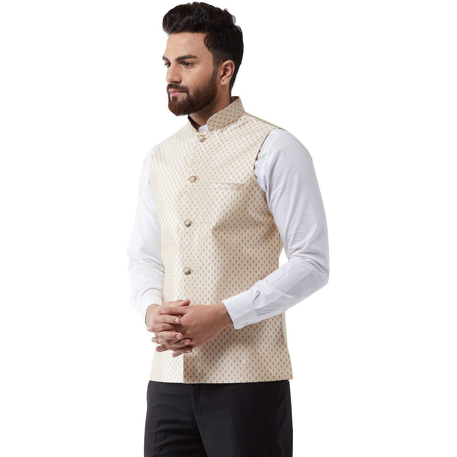 Sojanya (Since 1958 Men's Silk Blend Beige & Gold Self Design Nehru Jacket, Size 42