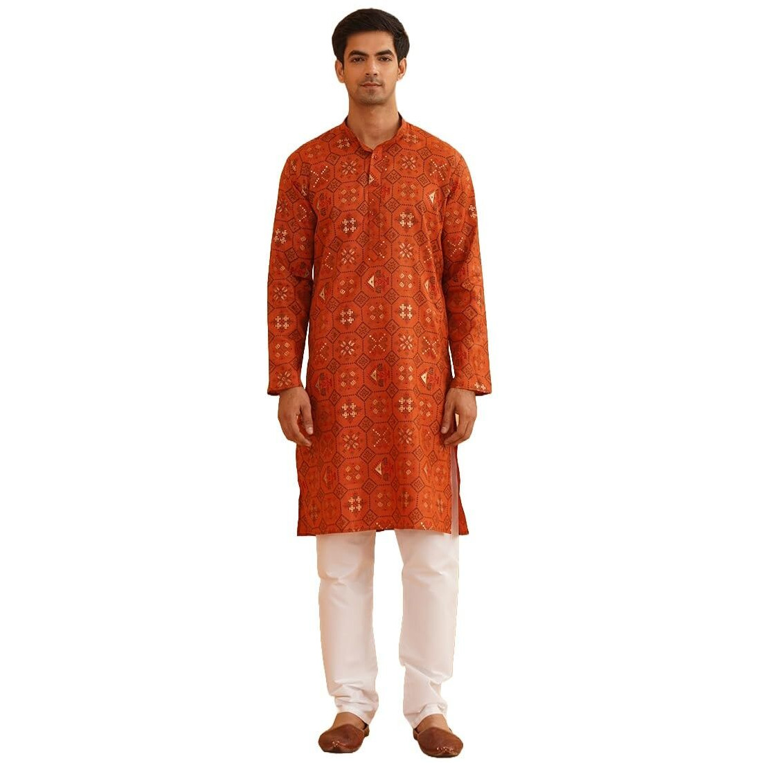 Sojanya (Since 1958 Men's Cotton Linen Orange & Multi Print Kurta & White Churidar Pyjama Set