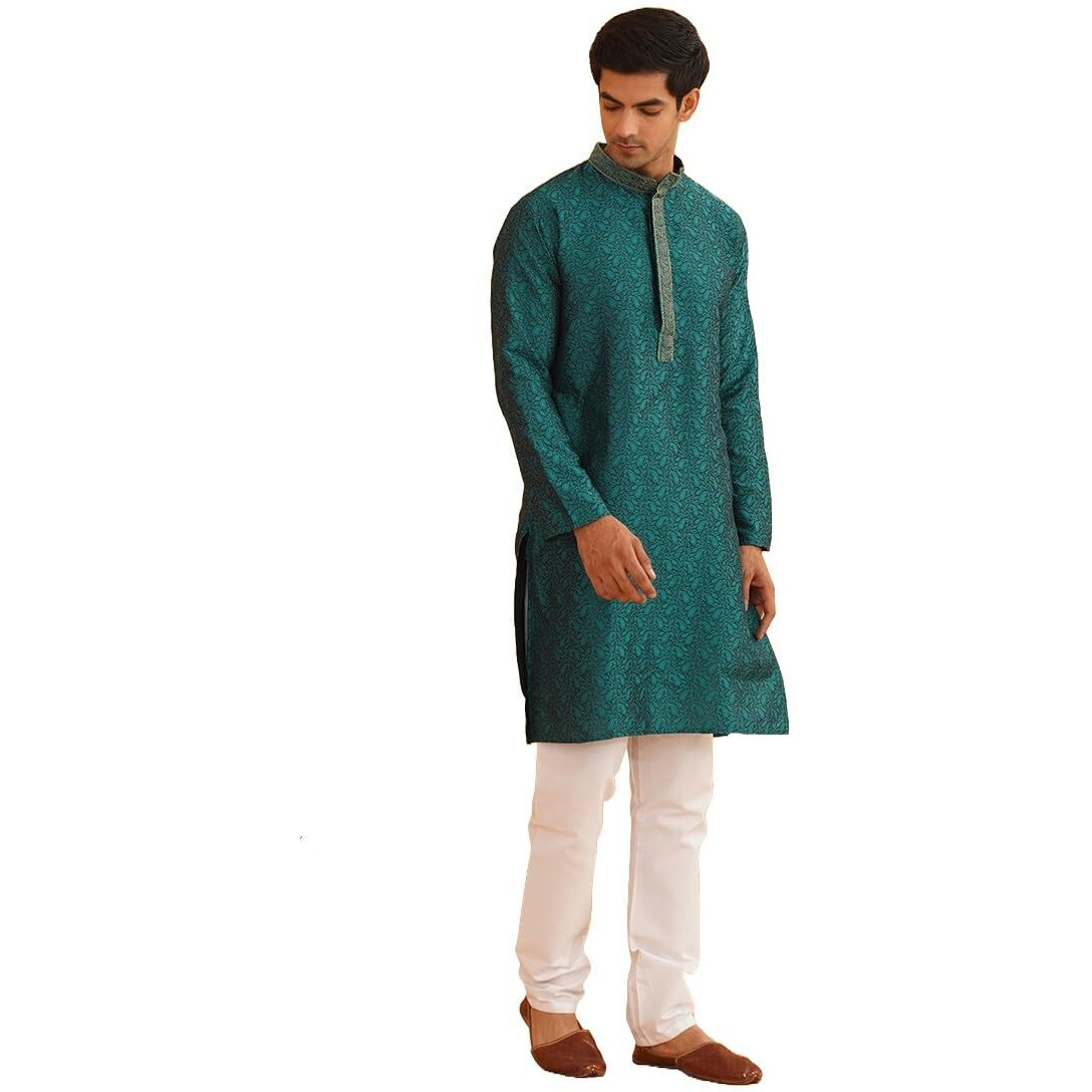 Sojanya (Since 1958, Men's Teal Silk Blend Kurta Churidar Pyjama Set, Size Xxl