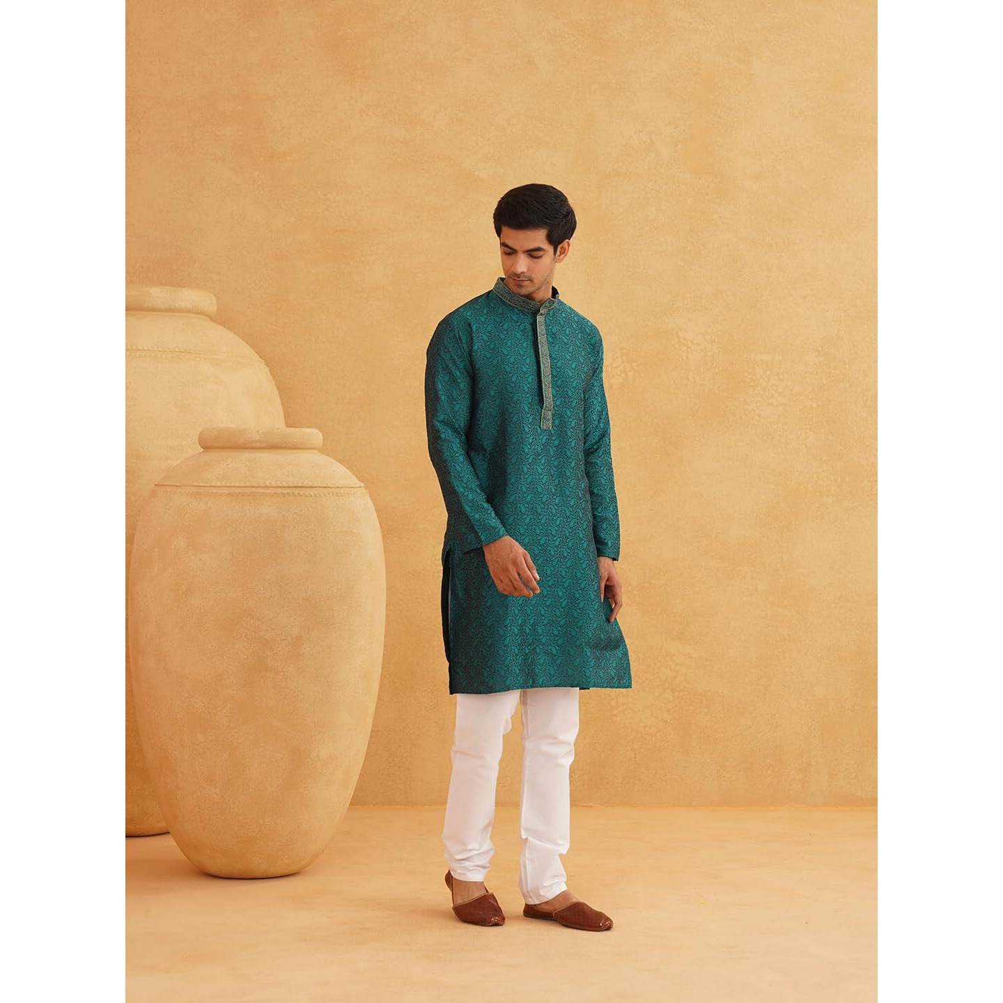 Sojanya (Since 1958, Men's Teal Silk Blend Kurta Churidar Pyjama Set, Size Xxl