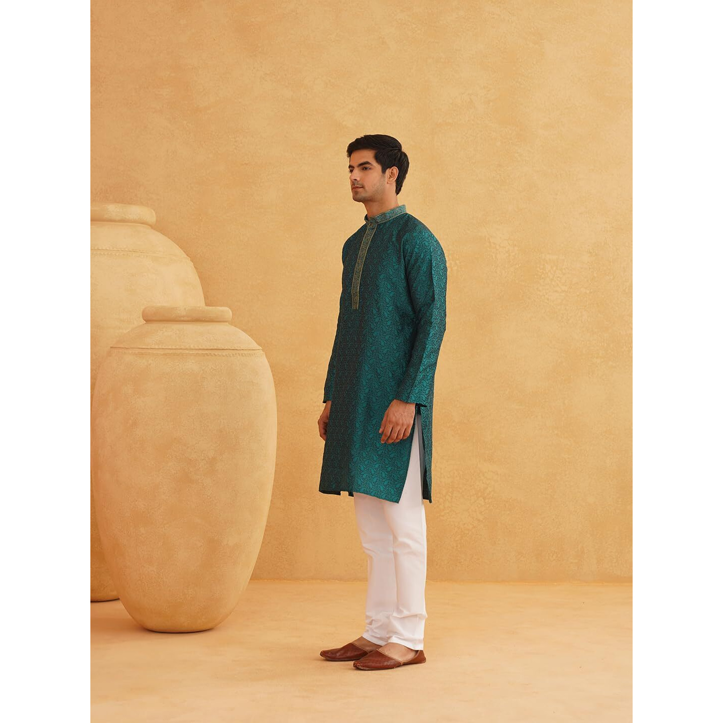Sojanya (Since 1958, Men's Teal Silk Blend Kurta Churidar Pyjama Set, Size Xxl