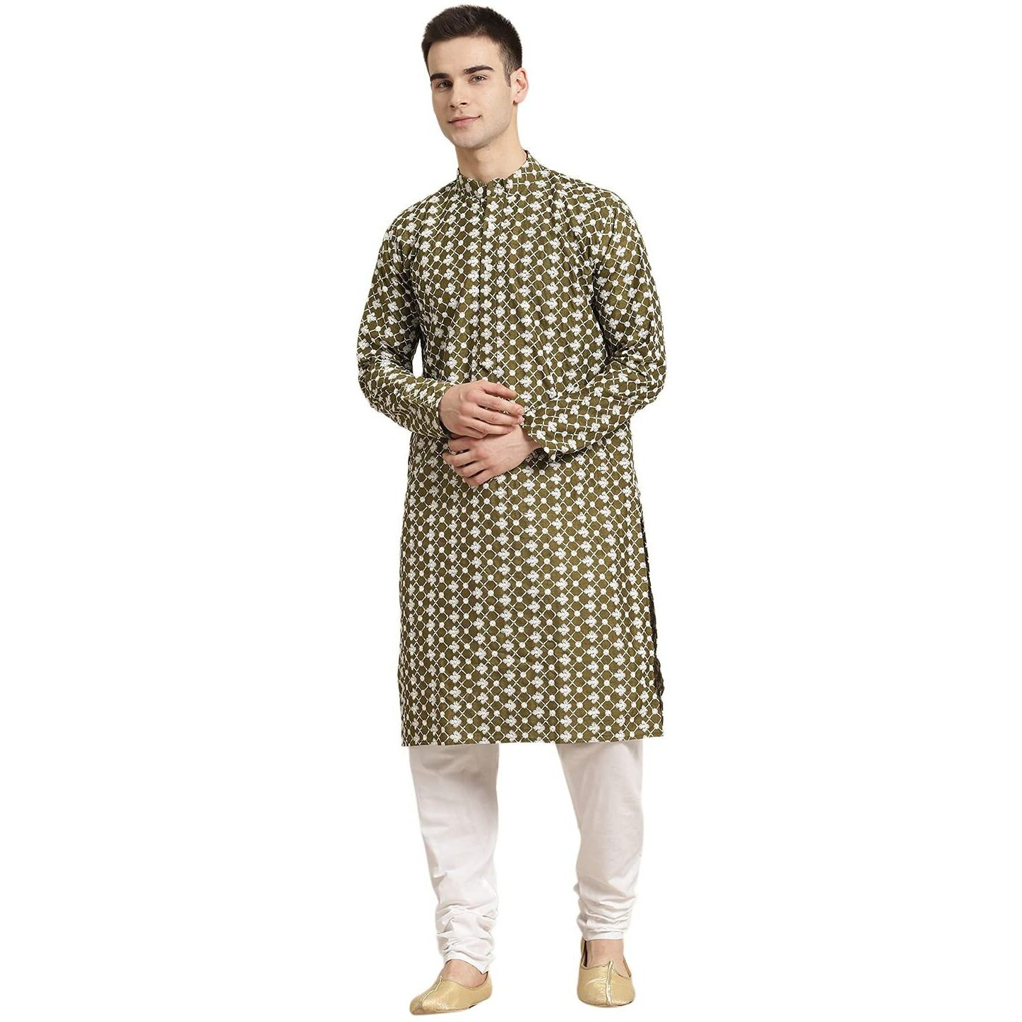 Sojanya (Since 1958, Men's Silk Blend Dark Green Embroidered Only Kurta, Size 44