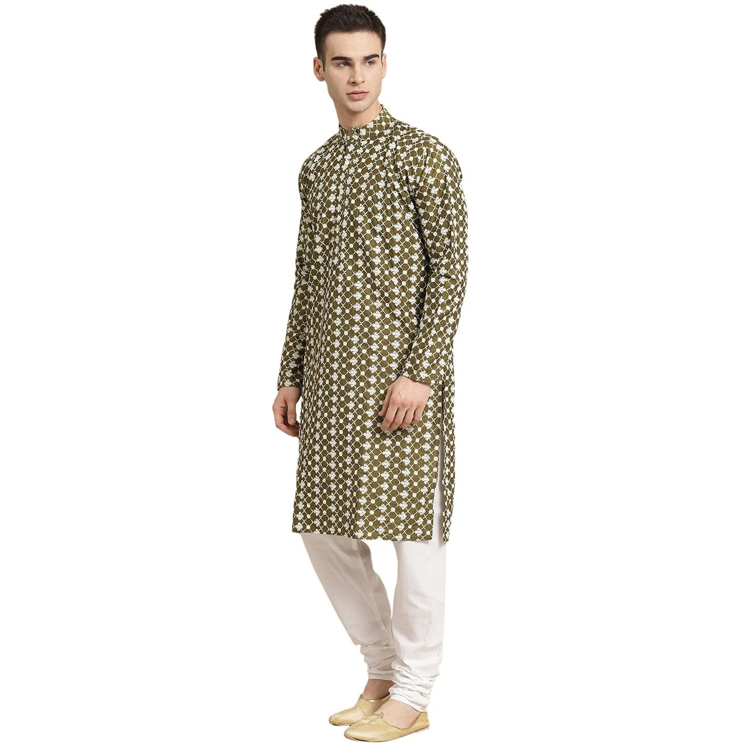 Sojanya (Since 1958, Men's Silk Blend Dark Green Embroidered Only Kurta, Size 44