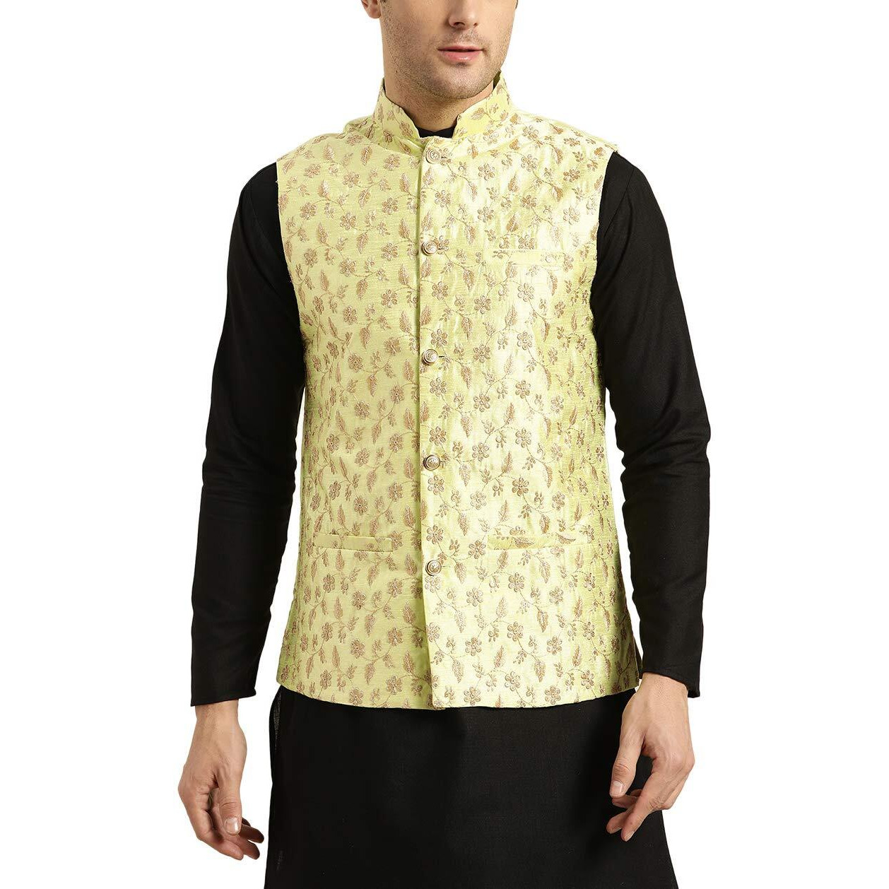 Sojanya (Since 1958, Mens Silk Blend, Lime Green & Gold Embroidered Nehru Jacket, Size 44