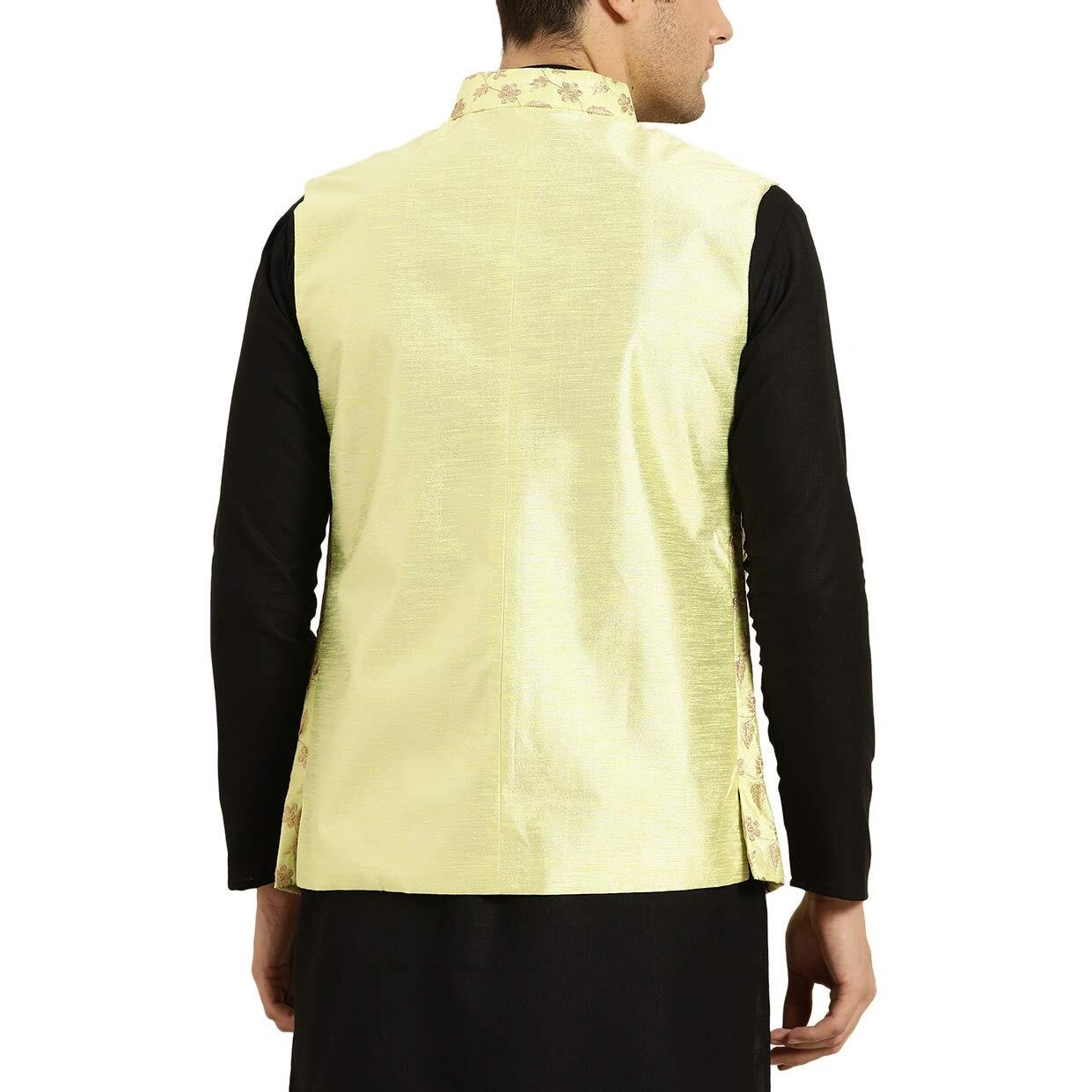 Sojanya (Since 1958, Mens Silk Blend, Lime Green & Gold Embroidered Nehru Jacket, Size 44