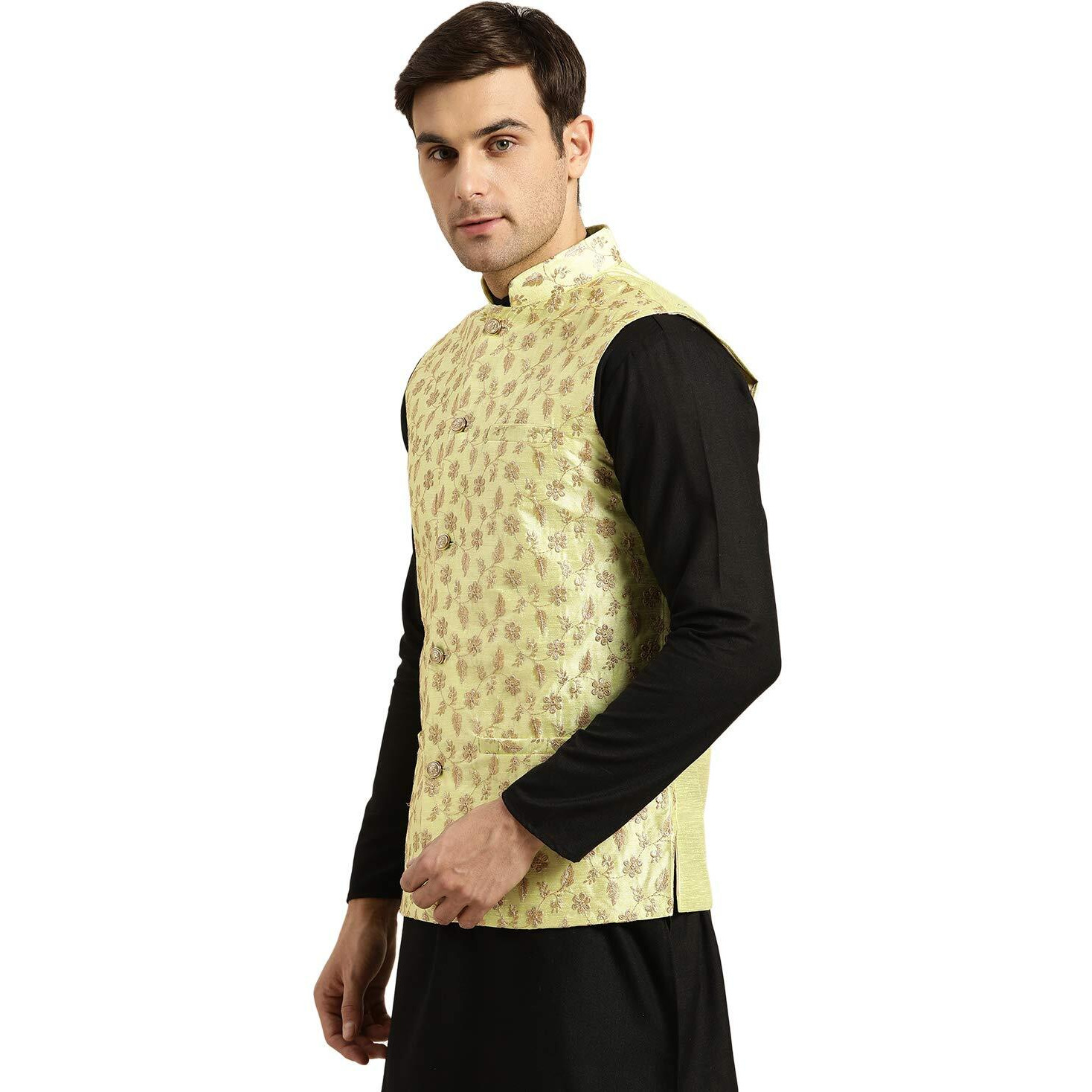 Sojanya (Since 1958, Mens Silk Blend, Lime Green & Gold Embroidered Nehru Jacket, Size 44