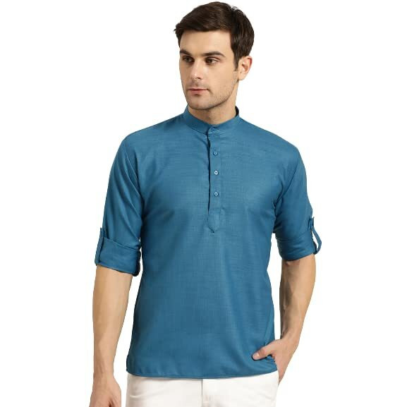Sojanya (Since 1958, Men's Cotton Peacock Blue Short Kurta, Size 42