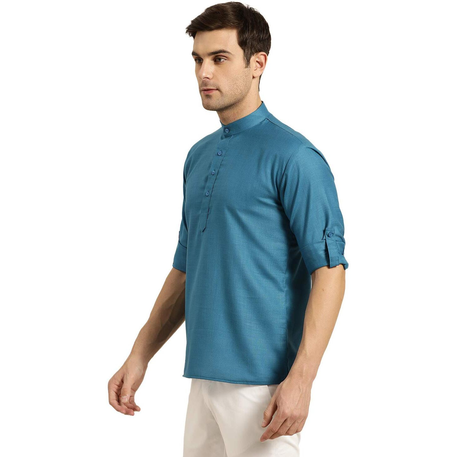 Sojanya (Since 1958, Men's Cotton Peacock Blue Short Kurta, Size 42