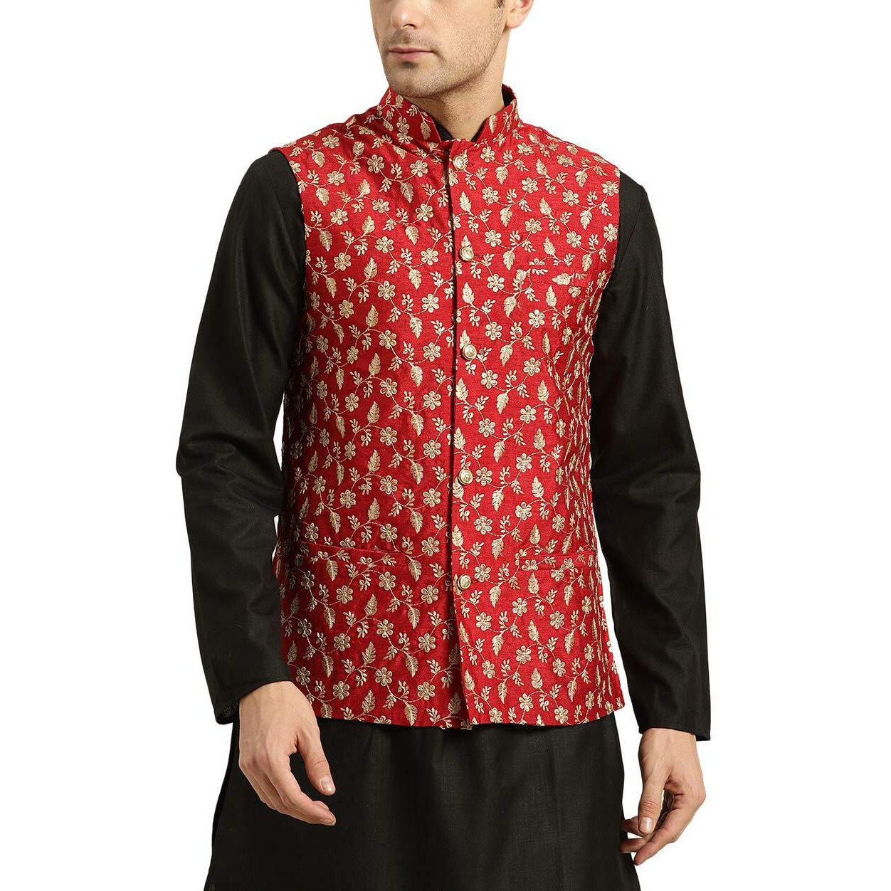 Sojanya (Since 1958, Mens Silk Blend, Red & Gold Embroidered Nehru Jacket, Size 44