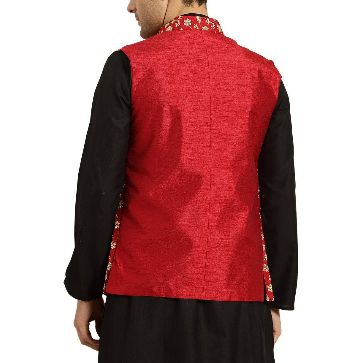 Sojanya (Since 1958, Mens Silk Blend, Red & Gold Embroidered Nehru Jacket, Size 44