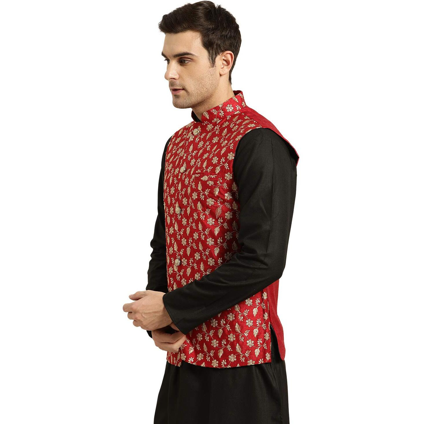 Sojanya (Since 1958, Mens Silk Blend, Red & Gold Embroidered Nehru Jacket, Size 44