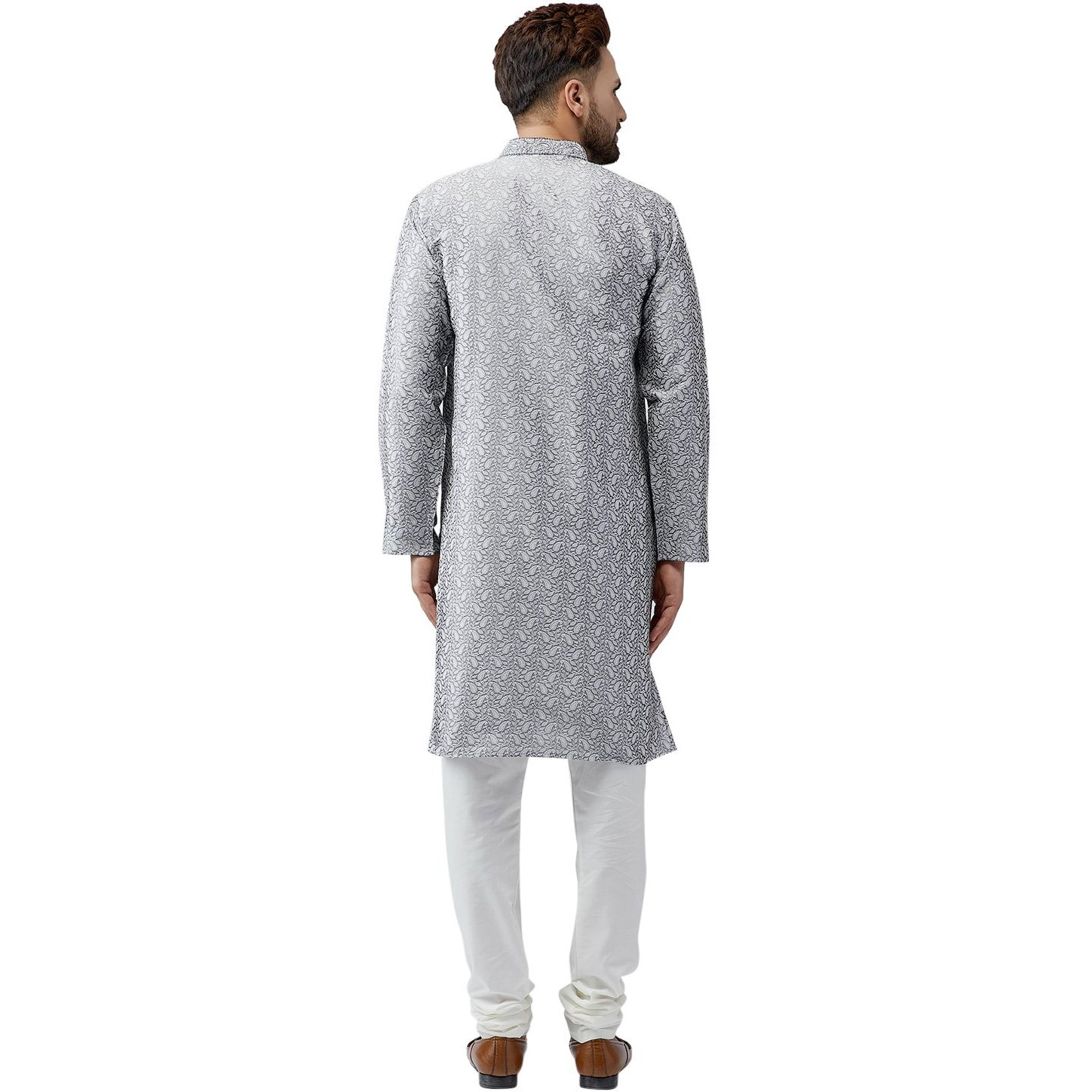 Sojanya (Since 1958, Men's Grey Silk Blend Churidar Pyjama Set, Size L