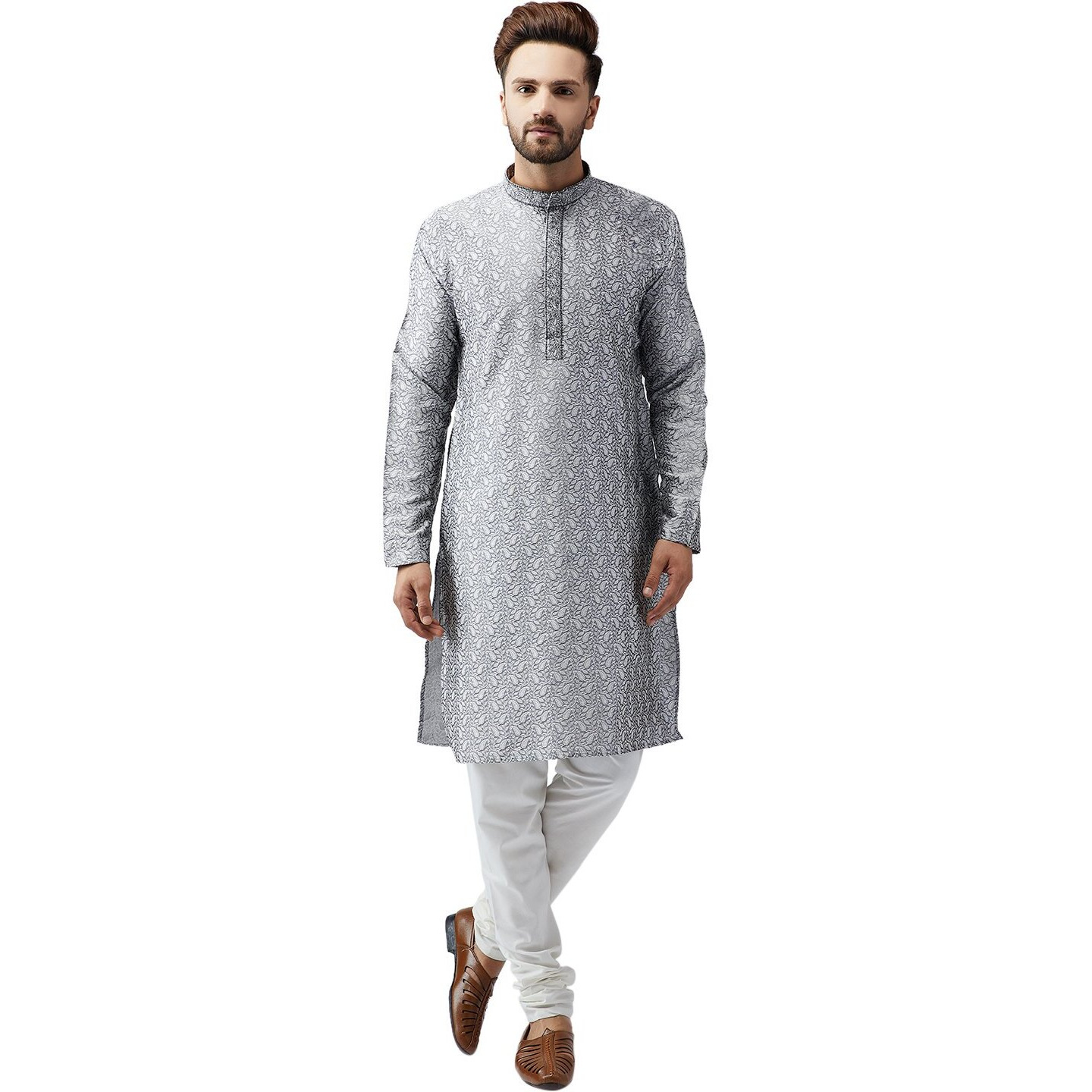 Sojanya (Since 1958, Men's Grey Silk Blend Churidar Pyjama Set, Size M