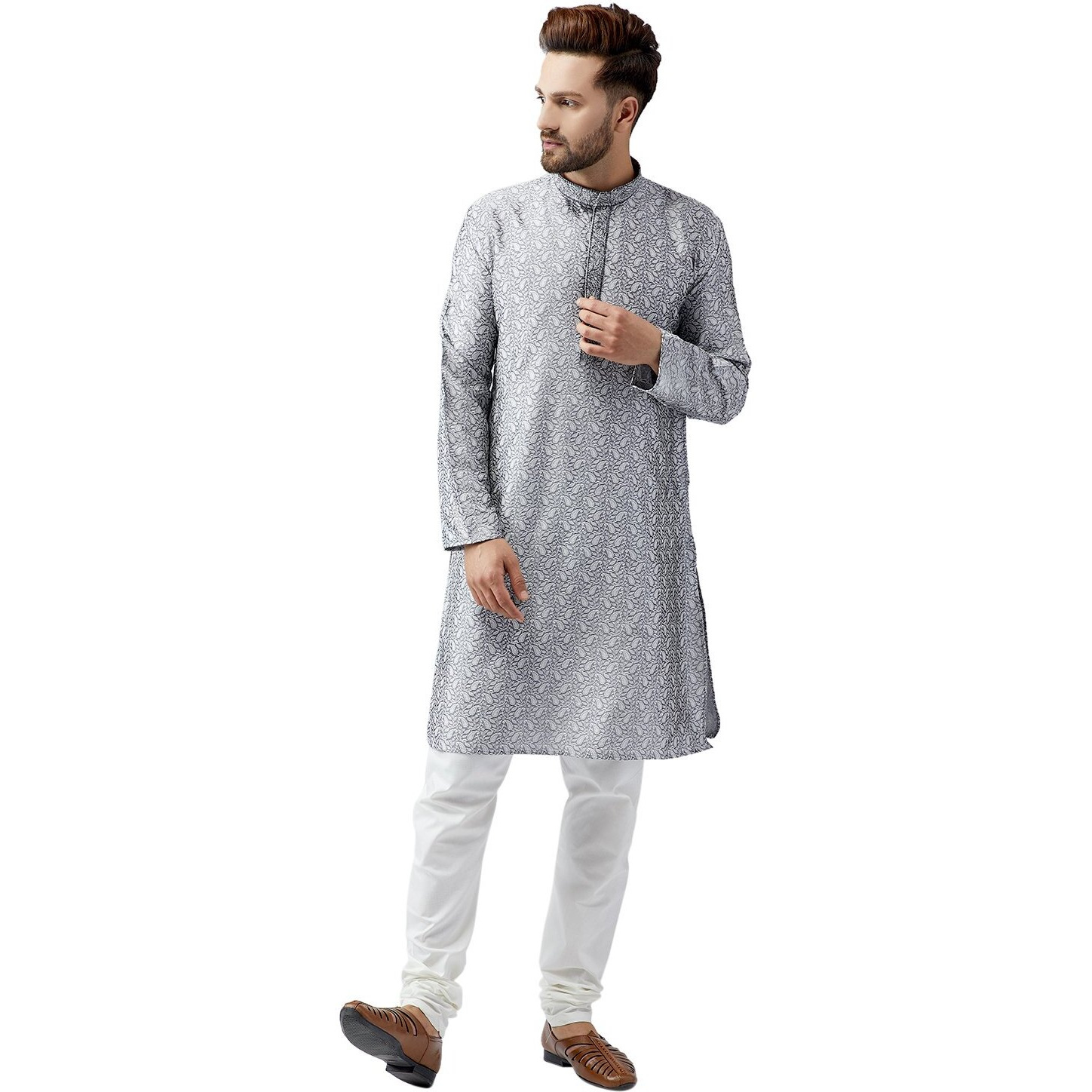 Sojanya (Since 1958, Men's Grey Silk Blend Churidar Pyjama Set, Size M