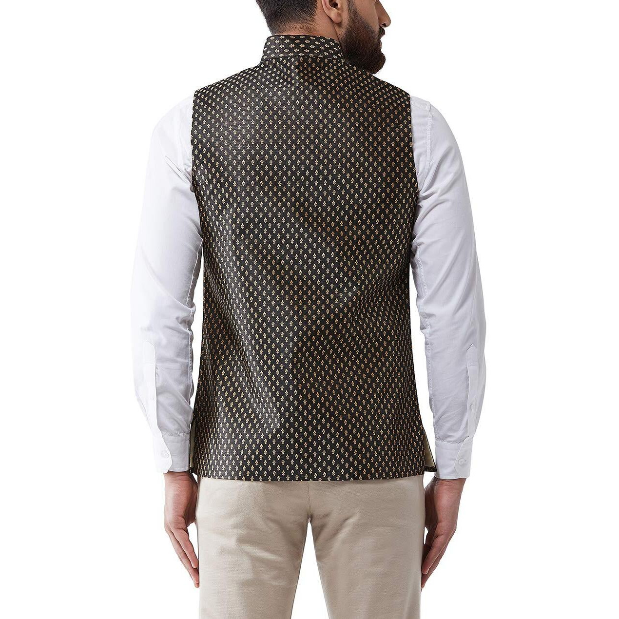 Sojanya (Since 1958 Men's Silk Blend Black & Gold Self Design Nehru Jacket, Size 40