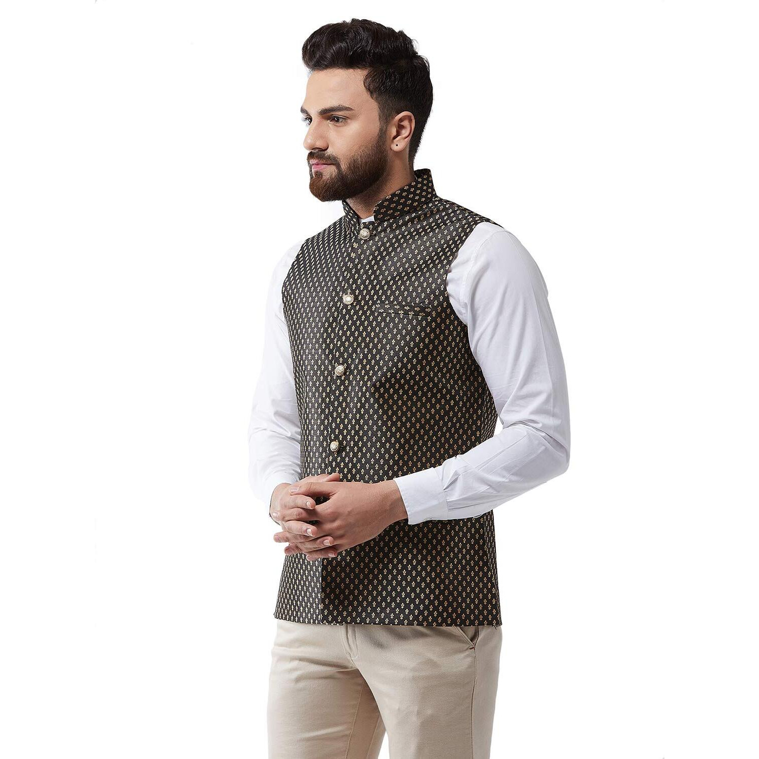 Sojanya (Since 1958 Men's Silk Blend Black & Gold Self Design Nehru Jacket, Size 40
