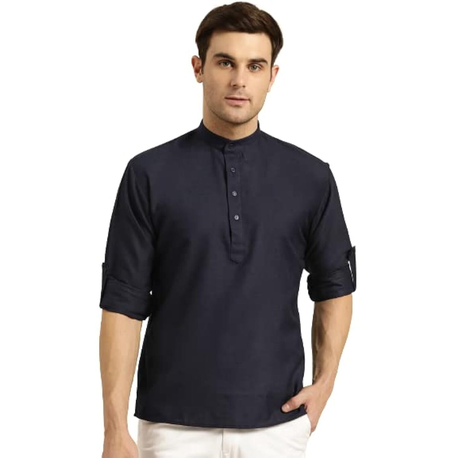 Sojanya (Since 1958, Men's Cotton Navy Blue Short Kurta, Size 42