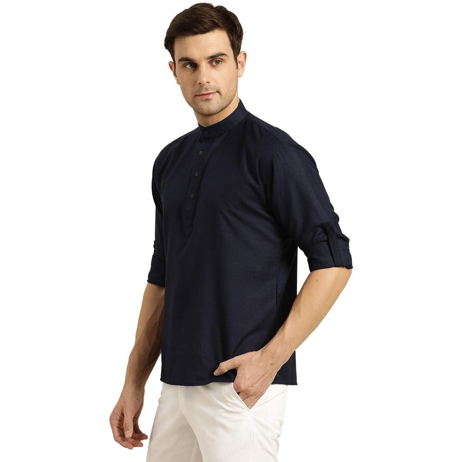 Sojanya (Since 1958, Men's Cotton Navy Blue Short Kurta, Size 42
