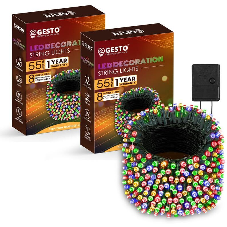 Gesto Multicolor Serial String Led Light With 8 Modes Changing Controller - Waterproof Serial Lights For Decoration Long | For Home,Diwali Decoration, Christmas,Patio Garden(55 Meter | Pack Of 2)