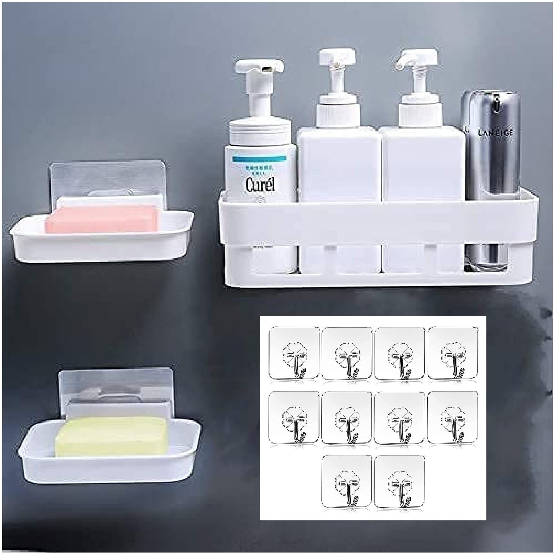 Morivahomes Multipurpose Wall Mount Bathroom Shelf And Rack For Home And Kitchen. Adhesive Sticker Support Without Drilling (1 Bathroom Shelf + 2 Soap Dish + 10 Hooks), Acrylic